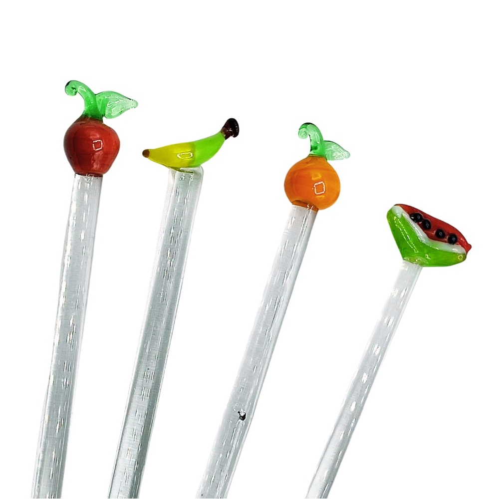 4 PC SET OF FUN MIXED FRUIT COCKTAIL HAND BLOWN SWIZZLE STICKS, DRINK STIRRERS